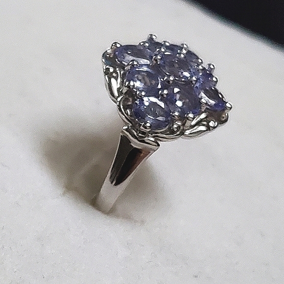 Tanzanite Cluster Ring Platinum Over Sterling Silver Size 6 - Picture 8 of 10